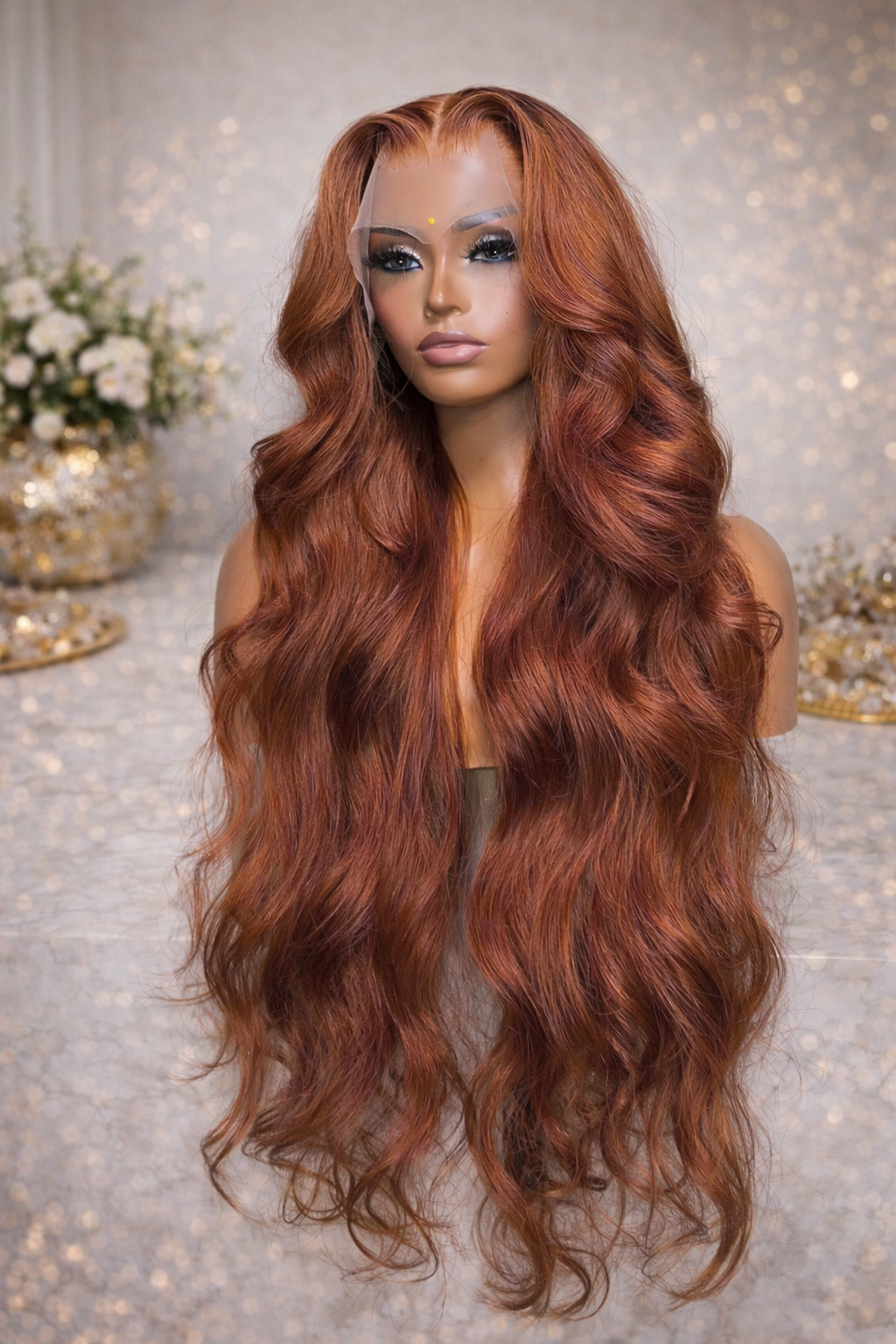 Queen Auburn Luxury Wave Wig. 100% Human Hair Transparent Lace