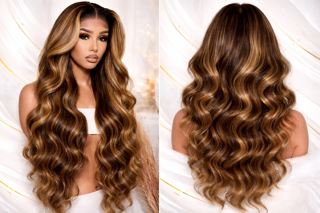 Caramel Goddess Body Wave Wig. 100% Human Hair Transparent Lace