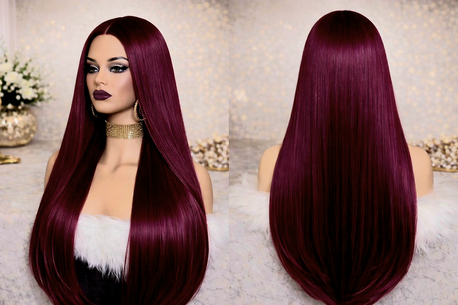 Wine Silk Luxe (Burgundy Straight Wig) 100% Human Hair Transparent lace wig